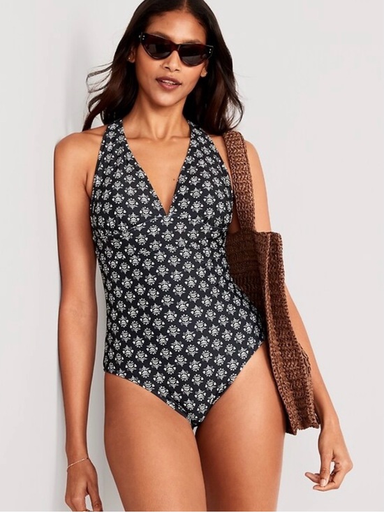 Old Navy Other - OLD NAVY Plunge V-neck Black Gray Flower Tie Back One Piece Swimsuit NWT Size L